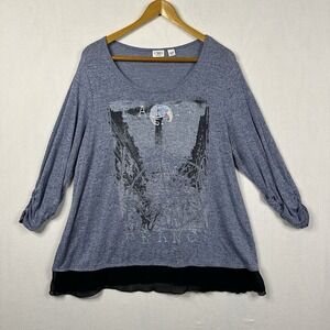 Cato Womens 22/24W Paris Distressed Sheer Layered Ruched Sleeve Top Blouse Bling